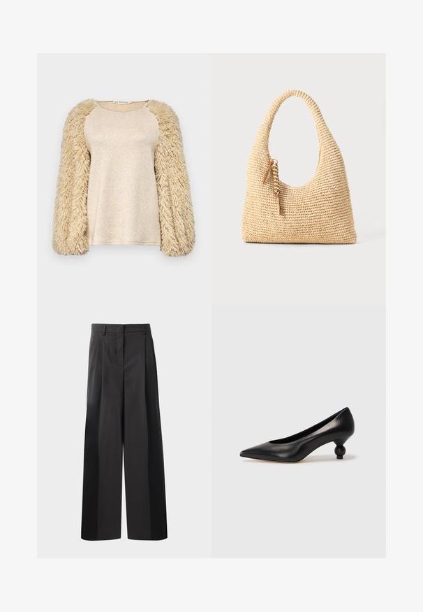 Bežinė palaidinė su ilgomis pūkuotomis rankovėmis; šiurkštus, blizgus audinys; raglan tipo rankovių dizainas; švelni tekstūra; laisvas siluetas; minimalistiškas stilius.; Juodos plačios kelnės su aukštu liemeniu, su priekinėmis raukšlėmis, glotnia tekstūra ir pritaikytu apdailos stiliumi. Sukurtos laisvam sėdėjimui.; Juoda odinė aukštakulnė bateliai su smailiu pirštu ir apvaliu, iškiliu kulnu. Lygus paviršius su elegantišku, minimalistiniu dizainu.; Audimo šviesiai rudos spalvos rankinė su išlenkta rankena, tekstūruotu paviršiumi ir ruda kutu. Yra laisva, hobo forma.