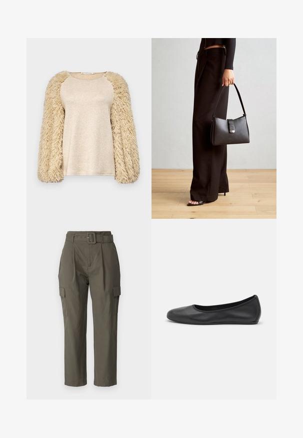Bežna majica z dolgimi, puhastimi rokavi; gladka, sijoča tkanina; zasnova z raglan rokavi; mehak material; sproščen kroj; minimalističen stil.; Cargo hlače v olivno zeleni barvi, izdelane iz lahkotnega materiala. Značilnosti vključujejo pas z obročkom, sprednje gube in stranske žepe s pokrovčki.; Črne usnjene balerinke z zaobljenim nosom, gladko teksturo, minimalnimi šivi in fleksibilno zasnovo podplata.; Črna torbica z strukturirano obliko, gladko teksturo in kovinskim zaponko. Ujemajo se z širokimi črnimi hlačami in odprtimi sandali na lesenem tleh.