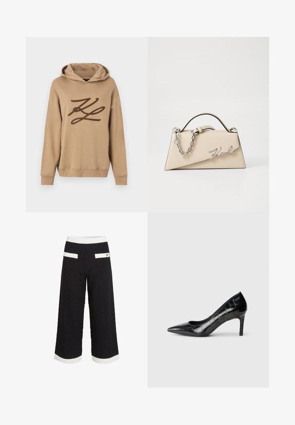 Puha anyagból készült bézs színű kapucnis pulóver, amelynek elején egy nagy barna logó található, valamint kenguru zseb. A kapucni húzózsinórral és bordás mandzsettákkal van ellátva.; Fekete cropped nadrág textúrált, szőtt mintával. Fehér díszcsíkokkal a deréknál és az alján, valamint két hátsó zsebbel rendelkezik.; Fekete, hegyes orrú, magas sarkú cipők fényes felülettel és visszafogott mintázattal. Mérsékelt sarokkal és nyitott vápa dizájnnal rendelkeznek.; Beige bőrtáska, struktúrált, háromszögletű formával, ezüst lánc fogantyúval és fém, írott logóval.