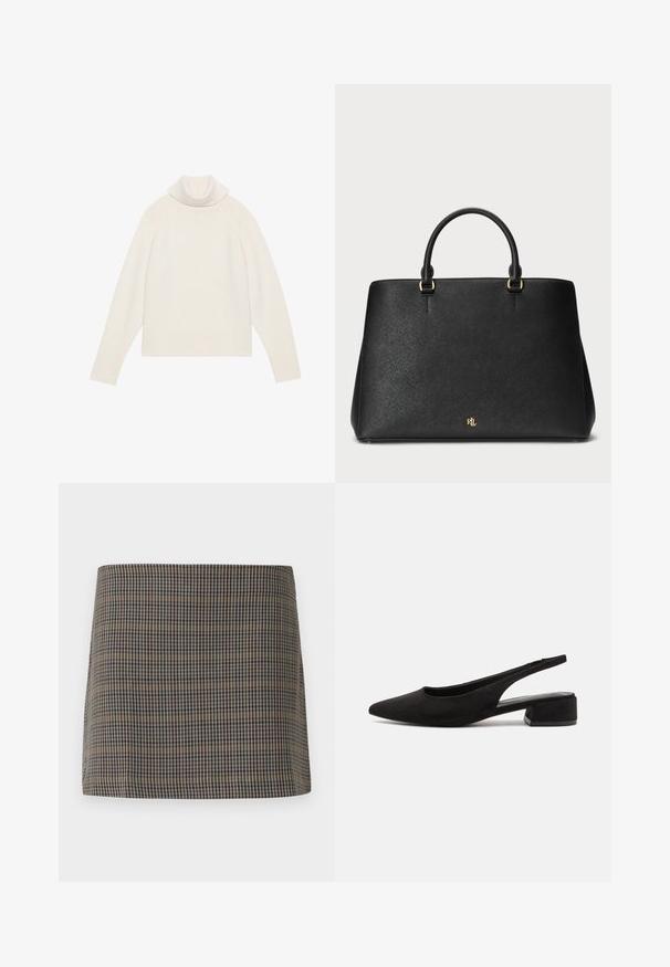Suéter de cuello alto de color crema claro con textura acanalada, mangas raglán y dobladillo ajustado. Material suave y silueta relajada.; Suéter mini de cuadro en tonos marrón, beige y azul marino con una textura suave y corte recto, diseñado sin cierres visibles.; Call it Spring BECKYY B.E.D FOAM - Tacones - black; Bolso de piel negra con un diseño estructurado, textura suave y dos asas superiores. Presenta detalles en dorado y un logo en la parte inferior.