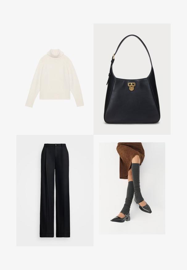 Helevalg kreemjas tuunika, millel on ribide tekstuur, raglan varrukad ja istuv hem. Pehme materjal ja lõdvestatud siluett.; Mustad laiad püksid mustas värvuses, millel on sile viimistlus, lame esiosa, vöökohas vöölõngad ja ühekordne nööp sulgemiseks.; Mustad patsaline odav värviga kingad, millel on kreen ja pahkluuring, on paaritatud hallide ribakudumitega sääremiidega ja pruunist nahast seelikuga.; Must mustrikotist õlakott, millel on kumer disain, kuldse lukuga sulgemine ja ümar rihm. Sile tekstuur, minimaalsed aktsendid.
