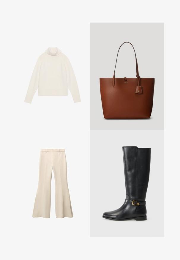 Lichte crèmekleurige coltrui met ribbelstructuur, raglanmouwen en een aansluitende zoom. Zacht materiaal en een ontspannen silhouet.; Beige flare broeken met een gladde textuur, voorzien van een vlakke voorkant, riemlussen en diepe zijsplitsingen aan de zoom.; Zwarte leren kniehoge laars met een gouden gespdetail. Het ontwerp is slank en elegant, tegen een witte achtergrond.; Bruine lederen tote bag met twee handvatten, een klein bijgevoegd label en een subtiele logo aan de voorkant. Glad textuur met gestructureerde vorm.