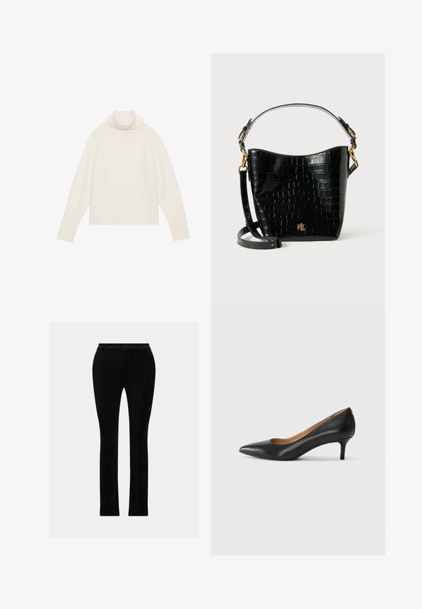 Maglione a collo alto in crema chiaro con una texture a coste, maniche raglan e orlo aderente. Materiale morbido e silhouette rilassata.; Pantaloni neri realizzati in un tessuto liscio simile al velluto. Vestibilità sartoriale con gamba dritta, dotati di una vita tradizionale e passanti per la cintura.; Décolleté in pelle nera con punta affilata, tacco basso e texture liscia. Presenta un leggero apertura sulla parte anteriore e hardware minimale sul retro.; Borsa in pelle nera con effetto coccodrillo, dalla forma curvata, con dettagli in metallo dorato, una tracolla regolabile e un logo sul davanti.