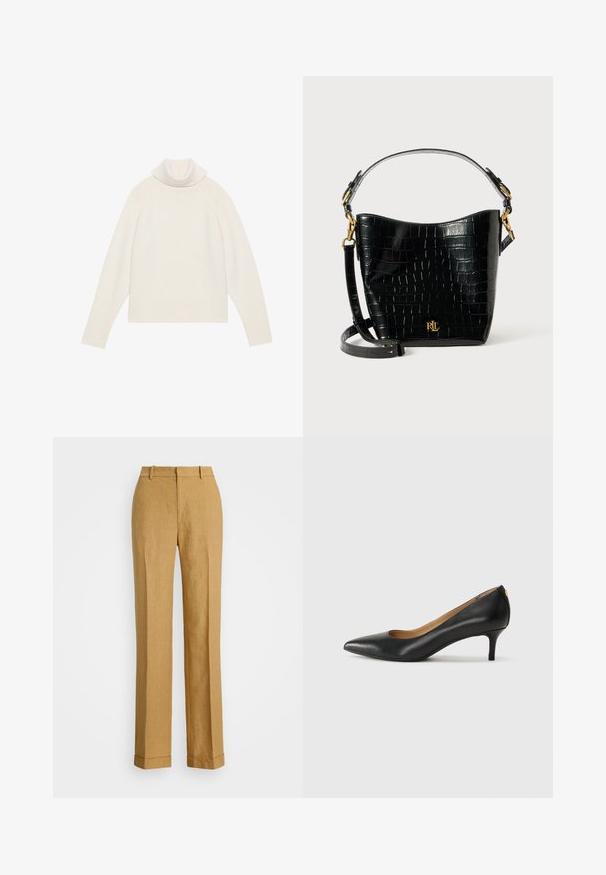 Maglione a collo alto in crema chiaro con una texture a coste, maniche raglan e orlo aderente. Materiale morbido e silhouette rilassata.; Polo Ralph Lauren YARD LINEN FULL FLAT FRONT - Pantaloni - sand dune; Décolleté in pelle nera con punta affilata, tacco basso e texture liscia. Presenta un leggero apertura sulla parte anteriore e hardware minimale sul retro.; Borsa in pelle nera con effetto coccodrillo, dalla forma curvata, con dettagli in metallo dorato, una tracolla regolabile e un logo sul davanti.