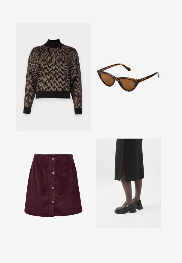Vero Moda VMARIA ART BATWING HIGHNECK - Džemper - black; Burgundia kautraka mini seelik A-laiusega, millel on viis hõbedast nööpi ees ja peen ribakonstruktsioon.; Mustad mustad jalatsid ümmarguse varbaga, paksu plokkniidi ja elastsete külgdetailidega, kombineeritud tumedate sukkade ja musta lõhikuga seelikuga.; Kassi vormiga prillid musta ja oranži kilpkonnakujulise raami, pruunide läätsede ja elegantsete teravate otstega. Templi juures on minimaalne logo.