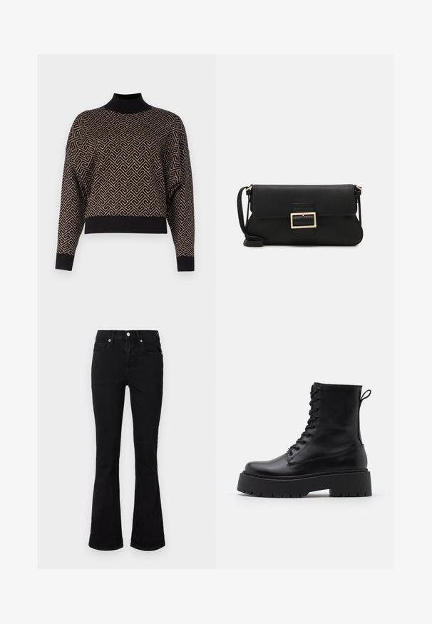 Vero Moda VMARIA ART BATWING HIGHNECK - Svetr - black; Černé rozšířené džíny vyrobené z denimu, s mírně vyvýšeným pasem, předními kapsami a uzavíráním na knoflík. Hladká textura s minimem švů.; Černé kožené kotníkové boty s kulatou špičkou, šněrováním na přední straně a silnou gumovou podešví s texturovaným vzorkem. S poutkem vzadu.; Černá kožená psaníčko s klopou a zlatým kovovým detailním sponou. Součástí je černý popruh a elegantní, minimalistický design.