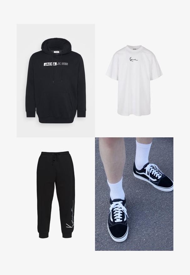 Melnā kapučjaka, kas izgatavota no kokvilnas maisījuma materiāla, ar lielu priekšējo kabatu, aukliņu kapuci un baltu zīmola tekstu uz krūtīm.; Balta kokvilnas T-kreklu ar apaļu izgriezumu un īsām piedurknēm, ar melnu izšūtu logo, kas atrodas krūtīs.; Melnas kokvilnas sporta bikses ar elastīgu jostasvietu un auklu, pieguļoši kājām, un baltu logo dizainu kreisajā pusē.; Melnas zamšas tenisa apavus ar baltajiem akcentiem un šņorēm, kombinētas ar baltajām riboto apavu zeķēm, novietotas uz teksturētas pelēkas virsmas.