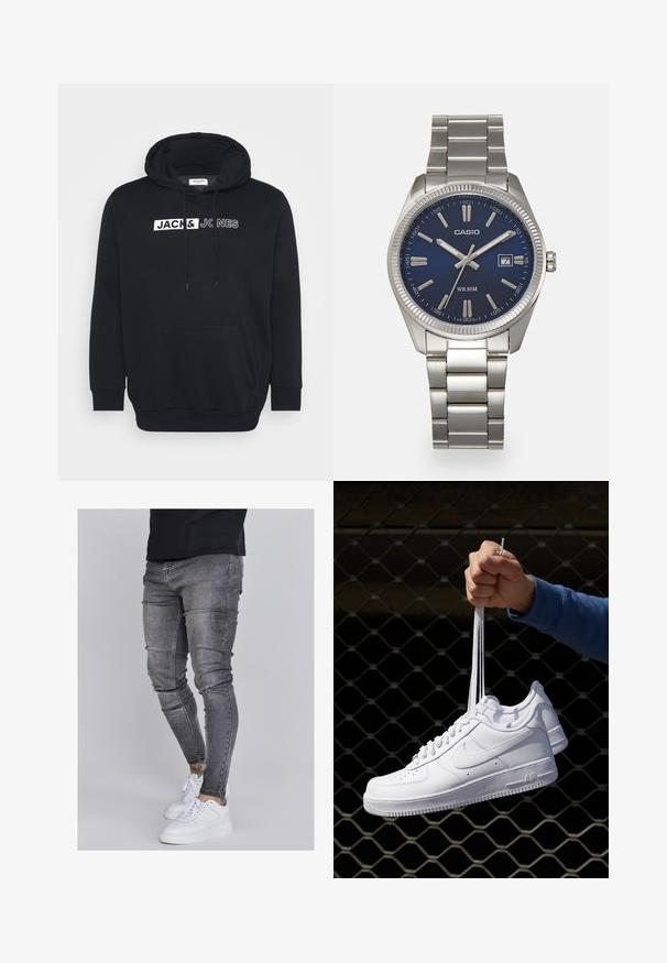 Zwarte hoodie van een katoenmix, met een grote voorzak, een capuchon met trekkoord en witte merktekst op de borst.; Skinny jeans in vervaagd grijs denim, met versleten details op de knieën, gecombineerd met witte sneakers. Gladde textuur, slank model.; Witte leren sneakers met perforaties, ronde neus, vlakke zool en dikke veters, met een zichtbare swoosh-logo en "AIR" op de hiel.; Zilveren roestvrijstalen horloge met een marineblauwe wijzerplaat, metalen uurmarkeringen en een datumnis op 3 uur. Waterbestendig tot 50 meter.