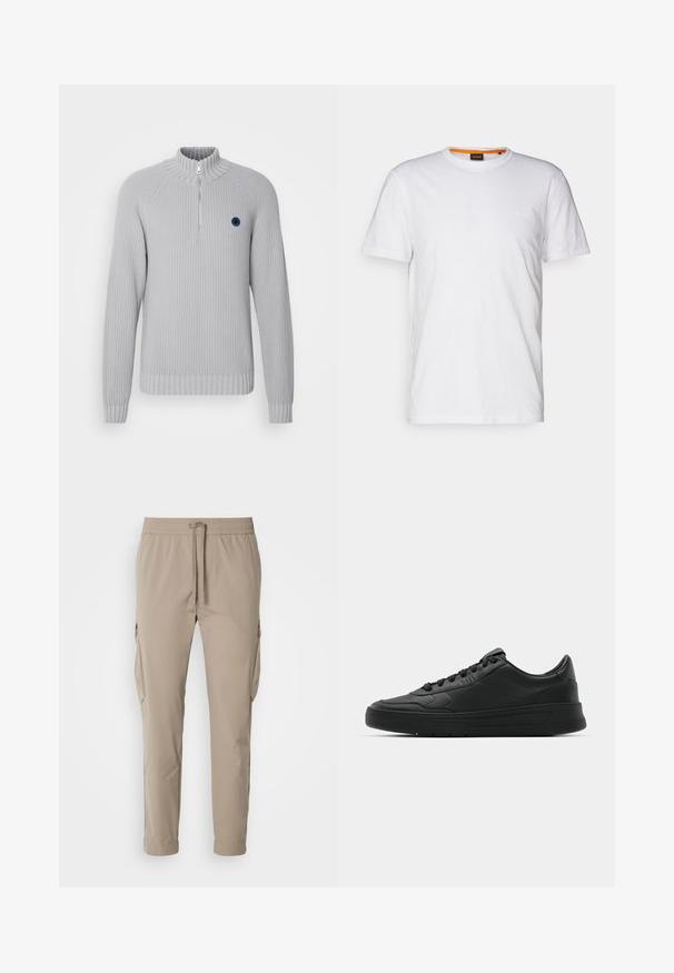 Hellgrauer Pullover mit hohem Rippkragen, halber Reißverschluss vorne, gerippten Bündchen und Saum sowie einem kleinen blauen Logo auf der Brust.; Weißes Baumwoll-T-Shirt mit Rundhalsausschnitt, kurzen Ärmeln und einem dezenten geprägten Logo auf der Brust. Das Innenschild hat einen orangefarbenen Akzent.; Beige Cargo-Hosen mit elastischem Bund und Kordelzug. Sie verfügen über Seitentaschen und ein schmal zulaufendes Bein, gefertigt aus leichtem Stoff.; Schwarze Sneaker mit glattem Lederobermaterial, runder Zehenpartie, flachen Schnürsenkeln, gepolstertem Kragen und minimalistischem Design. Gummisohle mit subtiler Profilierung.