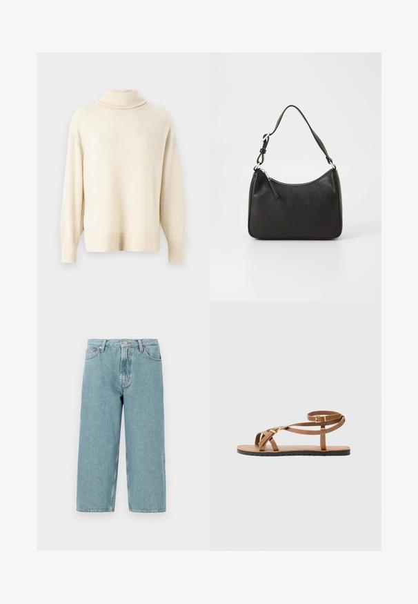 Lys beige høyhalset genser laget av mykt stoff. Har raglanermer og ribbestrikkede ermer og nederkant. Enkel, udekorerte design.; Lyseblå denimshorts med høy midje, rett snitt og rå kant. Har klassisk knapp- og glidelås-lukking, samt fire lommer.; Brune skinnsandaler med tynn stroppe-design, som har en gullfarget spenne og flat svart såle med zigzag-kant.; Svart lærveske med en buet form, en enkelt stropp, glidelåslukking og subtil merkevarebygging på forsiden. Glatt tekstur, minimalistisk design.