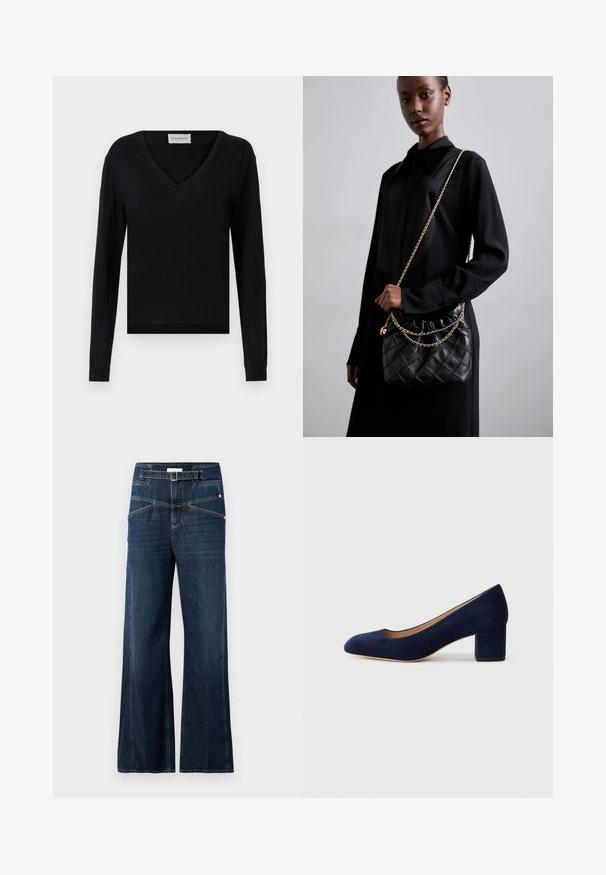 Melnā garām piedurknēm džemperis ar V-veida kakla dizainu. Izgatavots no mīksta materiāla, ar pieguļošu siluetu un ribotām piedurknēm un apakšmalu.; Plati kāju džinsi, izgatavoti no tumši zaļa džinsu auduma, ar augstu vidukli, divām priekšējām kabatām un atšķirīgu vīļu apdari.; Tumši zili zamšādas kurpes ar norādītu degunu un vidēja augstuma blokveida papēdi. Gluda tekstūra ar smalku spīdumu un nelielu izgriezumu priekšā.; Melna kvadrātveida ādas rokassomiņa ar salocītu augšu, zelta ķēdes siksnu un taisnstūra formu, turēta pret vienkāršu fona.