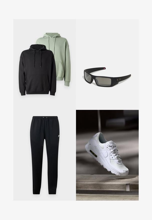 Dvě mikiny: jedna černá, druhá světle zelená. Obě mají přední kapsu, kapuci se šňůrkou a vroubkované manžety. Vyrobené z měkké, texturované tkaniny.; Černé tepláky vyrobené z měkké látky, s elastickým pasem se šňůrkami, manžetami na kotnících a malým logem na boku.; Bílé tenisky Nike Air Max 90 s vrchním materiálem z textilu a kůže, perforovanou špičkou a viditelnou vzduchovou jednotkou v patě.; Černé sluneční brýle s matným povrchem, obdélníkové čočky, mírná křivka na spáncích, nenápadný detail loga a čočky s kouřovým zabarvením.