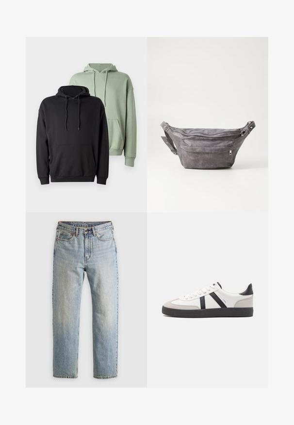 Due felpe: una nera e una verde chiaro. Entrambe presentano una tasca frontale, cappuccio con cordino e polsini a coste. Realizzate in morbido tessuto testurizzato.; Jeans in denim azzurro chiaro con vita alta, bottone anteriore, cerniera e design a cinque tasche, adagiati su uno sfondo neutro.; Sneaker bianco con accenti neri e grigi, dotata di una punta grigia testurizzata, suola in gomma nera e lacci bianchi piatti. Design pulito, stile minimalista.; Fanny pack in suede grigio con forma arrotondata, due scomparti con cerniera e tracolla regolabile. Presenta dettagli in metallo.