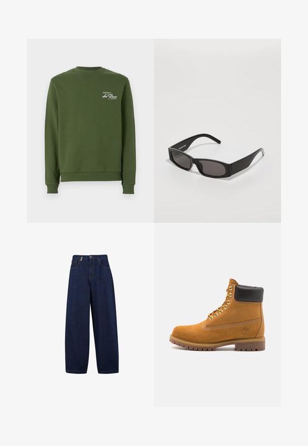 Hanorac verde măsliniu cu guler rotund ribatat, mâneci lungi și o textură moale. Include branding tipărit alb pe piept.; Jeans din denim închis, cu un croi lejer, talie înaltă, buzunare frontale și design drept. Include accesorii din metal argintiu și cusături minime.; Cizmă de gleznă din întoarsă de culoare bej, cu guler negru căptușit, ochiuri din metal auriu, detalii de cusătură albă și talpă din cauciuc robustă, cu un model pronunțat.; Ochelari de soare negri, dreptunghiulari, cu lentile întunecate, un cadru din plastic neted și un logo subtil pe brațul stâng. Design minimalist.