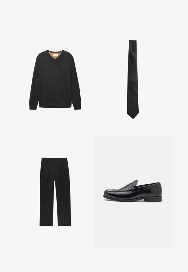 Schwarzer V-Ausschnitt-Pullover mit langen Ärmeln, aus einem weichen, strukturierten Stoff gefertigt. Besitzt ein dezentes Logo auf der Brust sowie Rippbündchen am Hals und an den Ärmeln.; Schwarze Hose mit geradem Schnitt, aus einem glatten Stoff gefertigt. Verfügt über Vorderfalten und einen einzelnen Knopfverschluss an der Taille.; Schwarze Lederloafers mit abgerundetem Zehenbereich, dekorativen Nähten und einem niedrigen Absatz. Glatte Oberfläche mit dezentem Glanz. Klassisches Design ohne Verzierungen.; Schwarze Krawatte mit strukturiertem Finish, schmaler Form und spitzem Ende. Der Stoff wirkt glatt mit einem dezenten Muster.