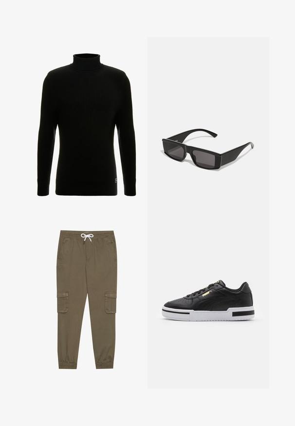 Fekete garbó jumper hosszú ujjakkal, bordázott textúrával, testhezálló siluettal és kis márkajelzéssel a bal alsó sarokban.; Kaki cargo nadrág, rugalmas derékkal és húzózsinórral, oldalsó zsebekkel és szűkített bokákkal. Texturált, könnyű anyagból készült.; Fekete bőrsneaker fehér középtalppal, perforált orral, arany logóval, párnázott bokarésszel és kontrasztos fekete részletekkel az oldalon.; Fekete napszemüveg, téglalap alakú kerettel és sötét lencsékkel. Fényes műanyagból készült, szögletes dizájnnal és karcsú szárakkal.
