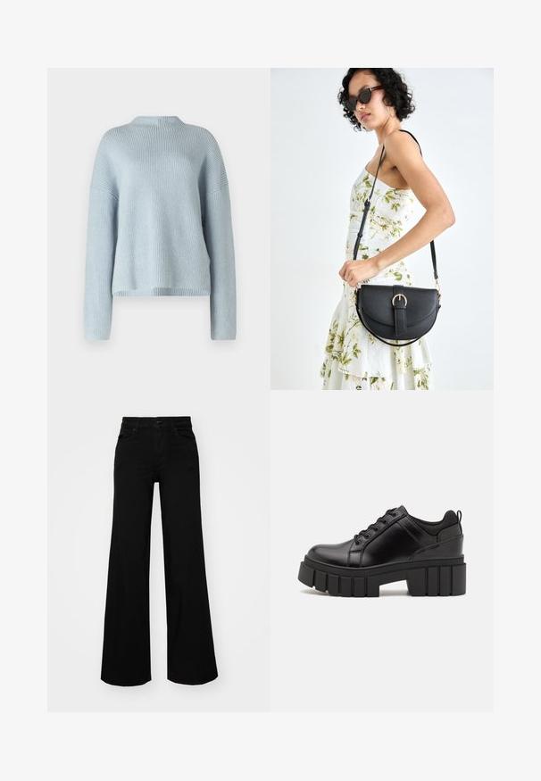 Light blue ribbed sweater, round neckline, long sleeves, relaxed fit, soft texture, solid color with no visible patterns or accents.; Black wide-leg pants made of denim, featuring a structured waistband, belt loops, and front pockets. Smooth texture with a classic design.; Black leather platform shoes with a chunky block heel, round toe, and traditional lace-up design. Features smooth texture and minimal detailing.; Black leather handbag with a curved shape, detachable strap, and gold hardware. The bag features a flap with a buckle detail.