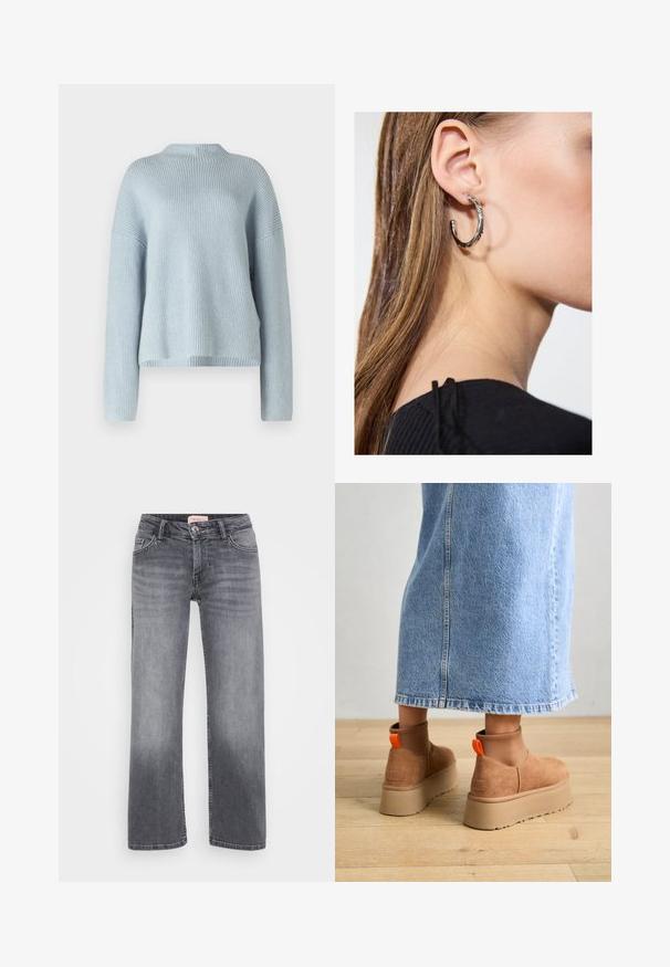 Pull en maille côtelée bleu clair, col rond, manches longues, coupe décontractée, texture douce, couleur unie sans motifs ni accents visibles.; Jean en denim gris avec un design à jambe droite, style cinq poches, décoloration subtile et fermeture à bouton à la taille.; Bottes en suède brun à plateforme avec des panneaux latéraux élastiques et des languettes orange, associées à une jupe en denim clair arrivant au genou sur un sol en bois.; Boucle d'oreille en argent avec une finition polie, présentant de petits détails en or et de forme ronde, portée sur le lobe.