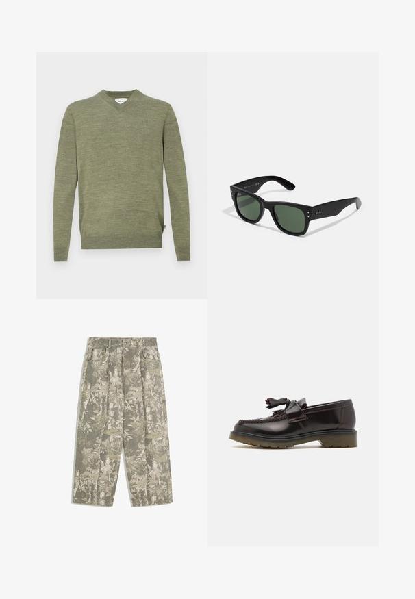 Olijfgroene V-hals trui met lange mouwen en geribbelde boorden en onderrand, plat weergegeven op een witte achtergrond.; Cargo broek met wijde benen in een groen en beige camouflagepatroon van bladeren en schors, met voorzakken en riemlussen.; Bruine leren instappers met een geweven ontwerp, een kwastje en een platte rubberen zool. Beschikt over een gladde afwerking en contrasterende stiksels.; Zwarte rechthoekige zonnebril met groene lenzen, matte afwerking, subtiele hardwareaccenten en een gegraveerd logo op de slaap.