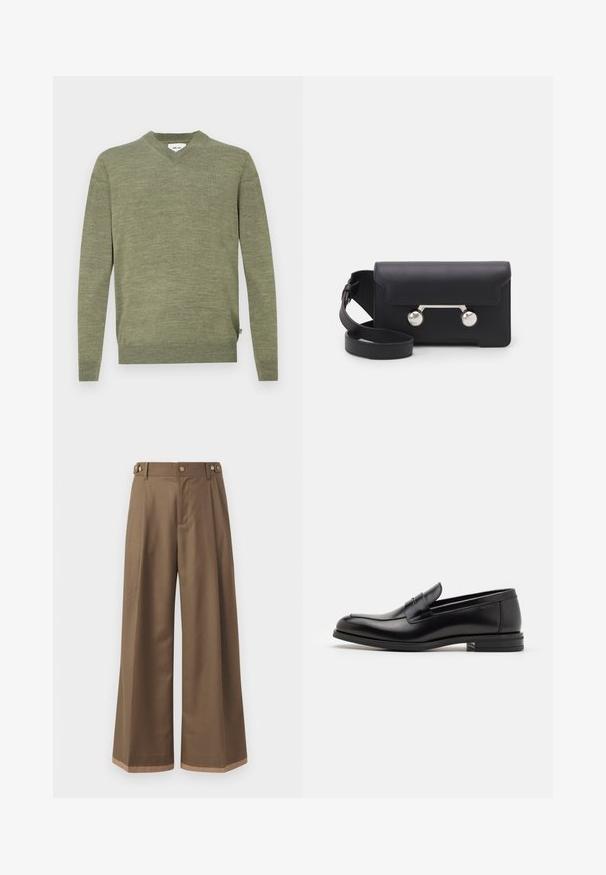 Olive green long-sleeve V-neck sweater with ribbed cuffs and hem, displayed flat on a white background.; Wide-leg trousers in a dark brown fabric, featuring two side pockets, two decorative front buttons, and a contrast hem detail.; Black leather loafers with a smooth texture, rounded toe, and a decorative strap across the vamp. Low stacked heel, minimalist design.; Black leather crossbody bag with a flap closure, silver-tone hardware, and two round accents. Features a detachable strap. Smooth texture.