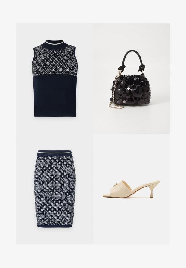 Navy ärmelloses Top mit hohem Kragen, das im oberen Teil ein strukturiertes Muster in Weiß und im unteren Teil ein einfarbiges Navy bietet.; Strick-Bleistiftrock in Marineblau und Weiß mit einem diamantförmigen geometrischen Muster. Verfügt über einen gestreiften, elastischen Taillenbund und eine glatte Textur.; Beige Lackleder Sandale mit offener Spitze und niedrigem Stiletto-Absatz. Verfügt über ein zentrales dekoratives Element im Obermaterial. Glatte, glänzende Oberfläche.; Schwarze Pailletten-Mini-Handtasche mit einem geknoteten, strukturierten Tragegurt und einer silbernen Kette. Abgerundete Form mit gerafftem oberen Teil und reflektierenden Details.