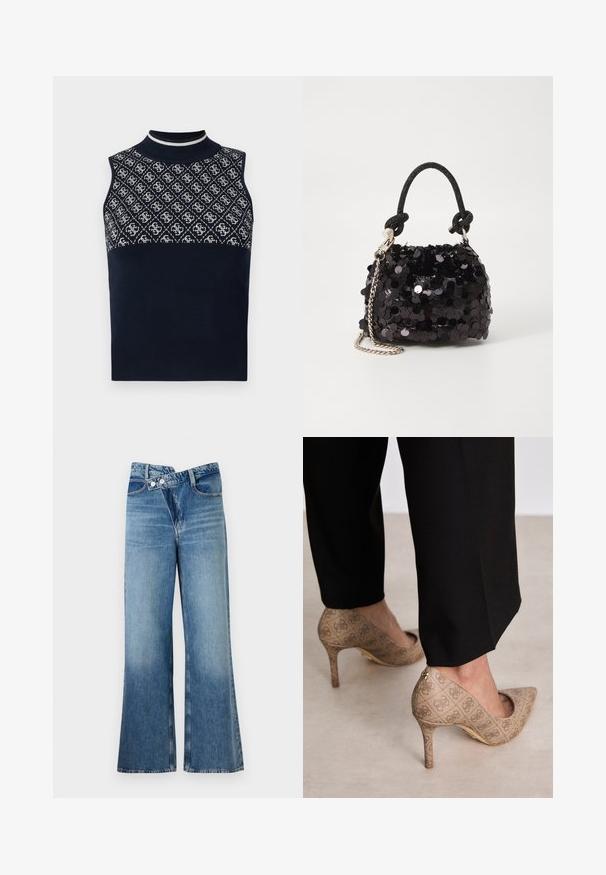 Top senza maniche color navy con collo alto, con una sezione superiore a motivo testurizzato in bianco e una sezione inferiore solida in navy.; Jeans a zampa d'elefante in denim blu chiaro con vita alta, dotati di due bottoni e tasche frontali. Il tessuto ha una texture sbiadita con variazioni sottili.; Scarpe con tacco alto beige in tessuto testurizzato con un motivo ripetuto. Design con punta appuntita e dettaglio dorato sul tacco.; Mini borsa a tracolla nera in paillettes con una tracolla texturizzata annodata e catena argentata. Forma rotonda con parte superiore arricciata e dettagli riflettenti.