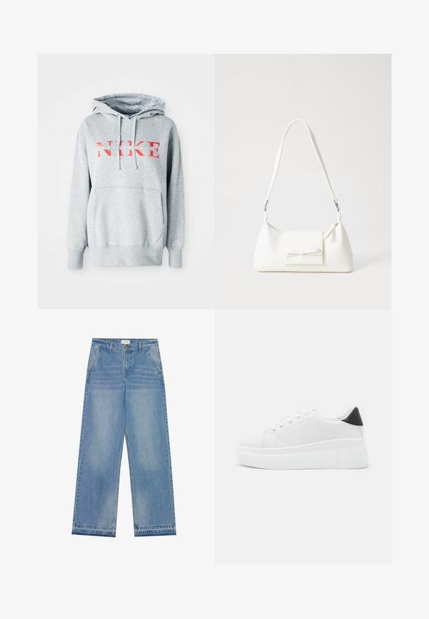 Grå sweatshirt med hette, med "NIKE" i fet rød tekst og "SPORTSWEAR" i mindre hvit tekst. Inkluderer en frontlomme i kengurustil.; Lys blå høyt liv vid ben jeans med knappelukking, frontlommer, beltehemper og subtile falmede detaljer.; Hvite plattform sneakers laget av glatt syntetisk materiale, med rund tå, snøring og en strukturert gummisåle. Svart hæl akcent.; Hvit syntetisk håndveske med trekantet form, flat klaff foran og sløyfe detaljer, justerbar stropp, glatt tekstur og minimalistisk design.