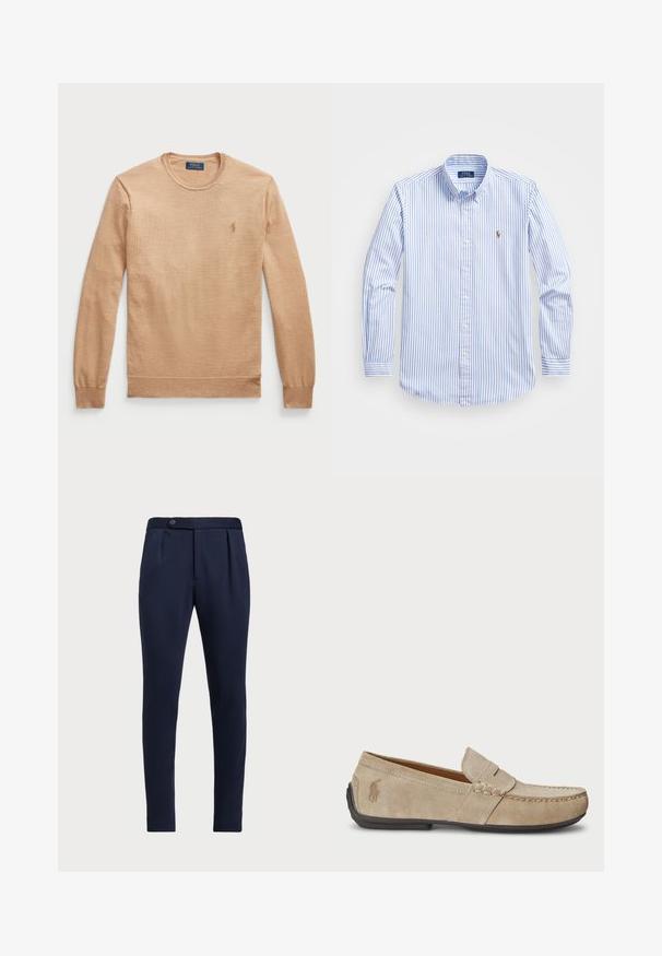 Bežna dolga majica s dolgimi rokavi in okroglim izrezom, izdelana iz teksturirane tkanine. Ima vezeno logo na levem prsnem delu.; Svetlo modra in bela prugasta srajca z gumbi, klasičnim ovratnikom, dolgimi rokavi in majhnim vezenim logotipom na prsih.; Temno modri hlače po meri z ravnim sprednjim delom, dvema sprednjima pregiboma in z enim gumbom za zapiranje, iz gladkega teksturiranega materiala.; Bež nubuk loafers s šivano podrobnostjo, ravnim gumijastim podplatom in majhnim logotipom ob strani. Klasična zasnova za enostavno obuvanje, mehak material.