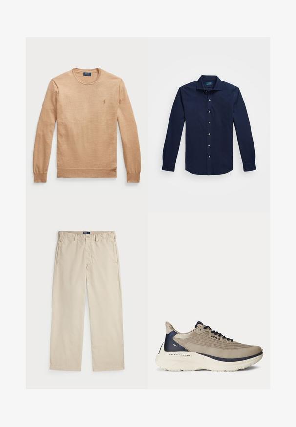 Šviesiai rudas ilgomis rankovėmis megztinis su apvalia iškirpte, pagamintas iš tekstūruotos medžiagos. Kairėje krūtinės pusėje yra išsiuvinėtas logotipas.; Jūrinės mėlynos spalvos ilgomis rankovėmis marškiniai su mygtukais, pagaminti iš medvilnės, turi klasikinį apykaklę, baltus mygtukus ir subtilų išsiuvinėtą logotipą ant krūtinės.; Bežiniai medvilniniai chino kelnės su tiesiu sijonu, su segtuku ir dviem priekinėmis kišenėmis. Lygi tekstūra ir vienodai spalva.; Šviesiai rudas sportinis batelis su tekstūruota tinklo viršūne, mėlynais akcentais, storu baltu padu ir sudėtingų dizaino detalių. Su raišteliais ir logotipo ženklinimu.