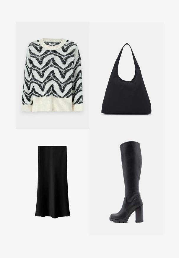 Pulover tricotat în crem și negru, cu un model în zig-zag. Gât rotund, tiv cu dantelă și o croială lejeră creează un aspect texturat.; Fustă midi neagră, realizată dintr-un material neted, ușor. Are o croială dreaptă, fără accesorii vizibile și un design simplu, fără modele.; Cizmă neagră până la genunchi, din piele netedă, cu toc masiv, vârf rotund, talpă texturată cu aderență, design elegant fără embellishments.; Geantă din material textil negru, cu o bandă lată pentru umăr. Formă moale, semi-structurată și textură netedă; design minimalist, fără accesorii vizibile.