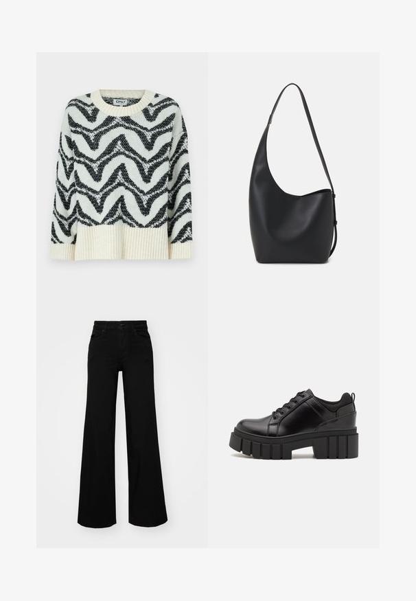 Maglione lavorato a maglia in crema e nero con un motivo a zigzag. Il collo tondo, l'orlo a coste e la vestibilità rilassata creano un aspetto testurizzato.; Pantaloni neri a gamba larga in denim, con una vita strutturata, passanti per la cintura e tasche frontali. Texture liscia con un design classico.; Scarpe platform in pelle nera con tacco a blocco robusto, punta rotonda e design tradizionale con lacci. Presentano una superficie liscia e dettagli minimi.; Borsa hobo nera in pelle con una superficie liscia, forma curvata e una singola tracolla regolabile; presenta un'ampia apertura nella parte superiore.