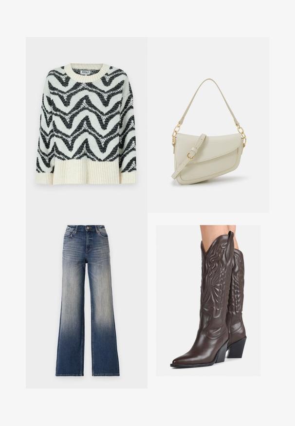 Strickpullover in Creme und Schwarz mit einem Zickzackmuster. Der runde Halsausschnitt, der gerippte Saum und die lockere Passform verleihen ein strukturiertes Erscheinungsbild.; Hochtaillierte, weit geschnittene Jeans in hellblau bis dunkelblauem Denim mit Ausbleichungen, ausgestattet mit einem Knopfverschluss und Gürtelschlaufen. Sauberer Saum und keine sichtbaren Verzierungen.; Braune Leder-Cowboy-Stiefel mit spitzem Punkt und Blockabsatz, die über detaillierte Stickereien und hervorgehobene Akzente am Schaft verfügen.; Kleine cremefarbene Handtasche mit strukturiertem Finish, einem langen verstellbaren Tragegurt, einem Kettenakzent und einem Klappenverschluss. Goldene Hardware-Details.; Silberne Creolen mit minimalistischem Design. Rundform, glatte Oberfläche und dünnes Profil. Leichtgewichtig mit hochglänzender Oberfläche.
