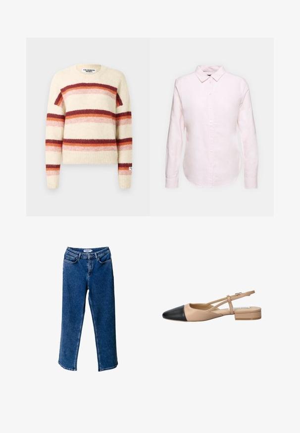 Jersey de punto en color crema con atrevidas rayas horizontales en tonos de burdeos, naranja y rosa. Presenta un escote redondo y un dobladillo acanalado.; Camisa de manga larga de color rosa claro con cuello abotonado, que presenta un dobladillo recto y una textura suave, confeccionada con una tela de algodón ligera.; Pantalones vaqueros de mezclilla de pierna ancha en azul, con cintura alta, que cuentan con bolsillos frontales, costuras en contraste y un ajuste relajado.; Zapato slingback bicolor beige y negro con punta afilada, tacón plano y detalle de correa entrecruzada. Textura de cuero suave.