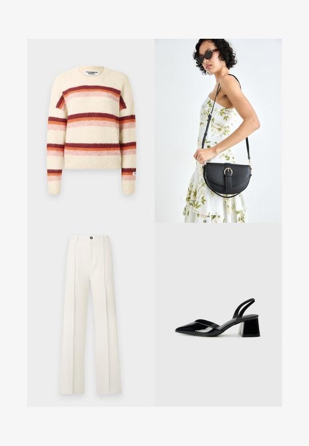 Sweter dzianinowy w kolorze kremowym z wyraźnymi poziomymi paskami w odcieniach burgundowego, pomarańczowego i różowego. Posiada okrągły dekolt i ściągacz na dole.; Białe, szerokie spodnie z wysokim stanem, z dwoma plisami z przodu, pojedynczym zapięciem na guzik oraz kieszeniami. Gładka faktura materiału.; Czarne lakierowane półbuty na obcasie z wydłużonym noskiem i geometrycznym słupkiem. Charakteryzują się eleganckim, minimalistycznym designem oraz gładką fakturą.; Czarna skórzana torebka o zakrzywionym kształcie, z odpinanym paskiem i złotymi akcentami. Torebka posiada klapę z zapięciem w kształcie klamry.