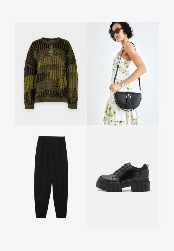 Stickad tröja i mörkgrön och svart med en lös passform. Har ett strukturerat mönster, slitna detaljer och en rundad halsringning.; Svarta, lätta byxor med elastisk midja och samlade ankleder. Tyget är slätt och har en avslappnad, avsmalnande design.; Svarta läderplattformsskor med en kraftig blockklack, rund tå och traditionell snörningsdesign. Har en slät textur och minimal detaljering.; Svart läderhandväska med en böjd form, avtagbar rem och guldiga detaljer. Väskan har ett lock med en spänndetalj.