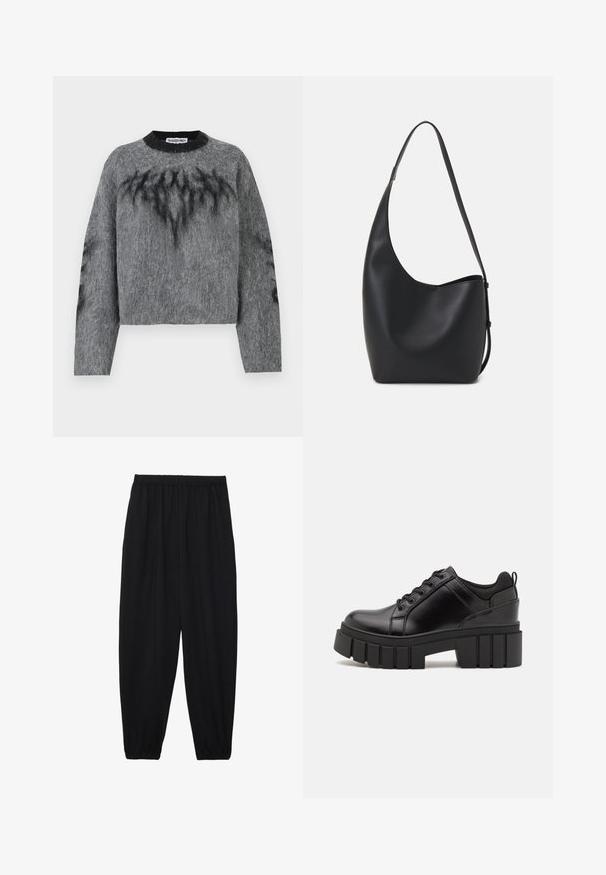 Gray cropped sweater made from a fuzzy material, featuring a black neckline and abstract black patterns on the front and sleeves.; Black, lightweight pants with an elastic waistband and gathered ankles. The fabric is smooth and features a relaxed, tapered design.; Black leather platform shoes with a chunky block heel, round toe, and traditional lace-up design. Features smooth texture and minimal detailing.; Black leather hobo bag with a smooth texture, curved shape, and single adjustable strap; features a wide opening at the top.