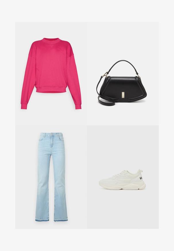 Φούξια κοντό φούτερ με μακριά μανίκια, ριμπ μανσέτες και στρογγυλή λαιμόκοψη. Διαθέτει ανάγλυφο λογότυπο DKNY μπροστά.; Απαλά μπλε τζιν από τζιν ύφασμα σε φαρδιά γραμμή, με ψηλή μέση, μπροστινές τσέπες και ανάγλυφο τελείωμα στους καρπούς για μια χαλαρή εμφάνιση.; Λευκά αθλητικά παπούτσια με μείγμα λείας και υφής υλικών. Διαθέτει χοντρή σόλα και το λογότυπο "HUGO" στη φτέρνα. Σχεδίαση με κορδόνια.; Μαύρη δερμάτινη τσάντα με δομημένο σχέδιο, που διαθέτει κομμένο σχήμα, επάνω λαβή και χρυσά μεταλλικά στοιχεία. Περιλαμβάνει ρυθμιζόμενο λουρί ώμου.