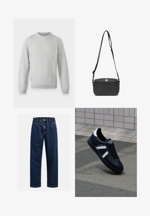 Heleda hall hallide ribadega sviiter ümmarguse kaelusega, pikad varrukad ja sirge äär. Valmistatud pehmest, tekstuuriga kangast.; Tumed sinine denimiteksad sirge lõikega. Omavad nähtavat tikandit, nuppe sulgemiseks ning ees olevaid voldikesi lisadetailiks.; Must have musta sneaker musta valgete triipudega, tekstuurne kummitald ja nööridega esiosa. Omab bränditud märki keele peal.; Musternast mustriga nahast ristiõlgadega kott, millel on tõmbluku sulgemine, esiküljel on sissepressitud logo ja reguleeritav rihm. Sile tekstuur ja ristkülikukujuline kuju.