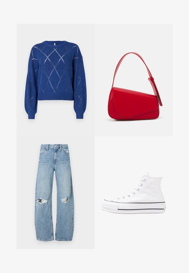 Plavi pleteni džemper s dijamantnim uzorkom, okruglim izrezom i dugim rukavima. Ima rebraste manžete i rub, s otvorenom tkaninom.; Svijetloplave, visoko-strukirane traperice. Imaju široke nogavice, dva razderana područja na koljenima i klasičan stil s pet džepova.; Bijela visoka platnena tenisica s crnom gumenom potplatom, prednjim gumenim zaštitnikom prstiju i šest rupa za vezanje, s čistim, minimalističkim dizajnom.; Crvena kožna torba s kutnim, geometrijskim dizajnom. Ima jedan podesivi remen i preklopni zatvarač sa šivenim detaljima.