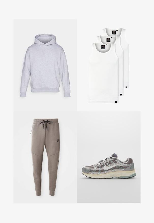 Hall vanuselt pehme kangaga hall kapuutsiga särk, millel on esikott, soonikust mansetid ja väike logo tekstiga rinnas.; Kolm valget ribaga t-särki, mis on valmistatud puuvillast. Omavad ümmargust kaelanõhku ja väikseid musti silte hemme lähedal. Saadaval erinevates suurustes.; Hallide Nike dressipüksid, millel on nööriga vöökoht, kitsenevad sääred, küljetaskud ja eristuv õmbluse detail. Pehme, tekstureeritud kangas.; Hallus hallitus jalanõud, millel on võrgust ja sametist ülemine osa, valged rõhutused, pehme tald ning eristuv disain peegelduvate elementidega.