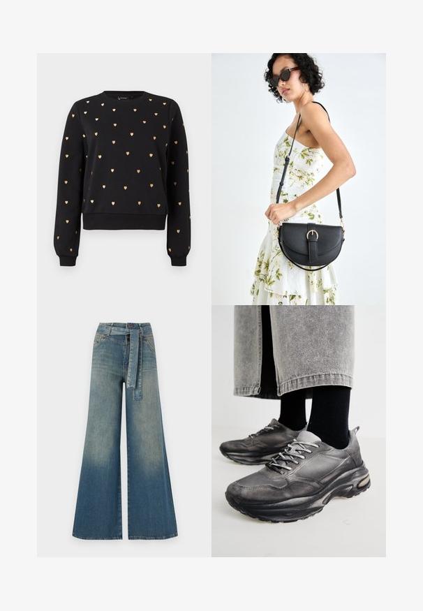 Zwarte sweatshirt met gouden hartpatronen, ronde halslijn, geribbelde manchetten en zoom. Gemaakt van zachte stof, met een ontspannen pasvorm ontwerp.; Wijduitlopende denim broek met een lichte naar donkere blauwe gradient, hoge taille, riemlussen en een bijpassende stoffen riem. Gestructureerde denimafwerking.; Zwarte en grijze sport schoenen hebben een mesh bovenkant, dikke zolen en veters. Ze hebben een ronde neus en zichtbare dempingsdetails.; Zwarte leren handtas met een gebogen vorm, afneembare schouderband en gouden hardware. De tas heeft een klep met een gespsluiting.