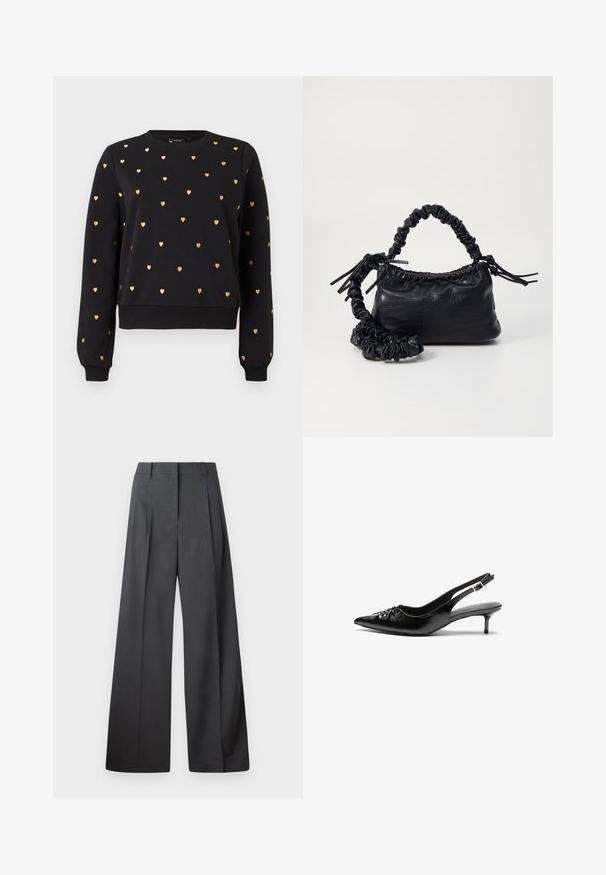 Felpa nera con motivi a cuore dorati, collezione rotonda, polsini e orlo a costine. Realizzata in tessuto morbido, presenta un design dal taglio rilassato.; Pantaloni a gamba larga in tessuto grigio scuro, con vita alta, pieghe singole e una texture liscia con una finitura pulita sui orli.; Tacchi slingback in pelle nera con punta affusolata, piccolo tacco kitten e un dettaglio a nodo decorativo sulla parte anteriore. Texture liscia su tutta la superficie.; Borsa a tracolla in ecopelle nera con texture a coccodrillo, apertura cinchata e tracolla arricciata. Si presenta con un design morbido e compatto.