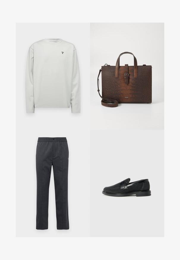 Heled hall pikad varrukad särk ümmarguse kaelusega, millel on tekstuuriga kangas ja vasakul rinnal väike tumesinine logo.; Tumed hallid sirged püksid elastse vöökohaga, ees nööbiga sulgemine ja peenelt tikand paremal küljel.; Must musta kootud slip-on king, millel on pehme nahast accent ülaserval, ümmargune varvas ja madal profiiliga kummitald.; Pruun krokodillimustriga nahk käekott, millel on ülemised käepidemed ja eemaldatav õlavarrepant. Omab klambri sulgemist ja ristkülikukujulist vormi.