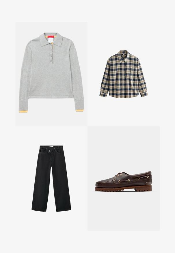 Polo gris de manga larga hecho de tela texturizada con cuello tipo solapa, tapeta con cuatro botones y acento amarillo en los puños.; Camisa de franela a cuadros en azul marino, crema y beige. Cuenta con un cuello, cierre de botones, mangas largas y un bolsillo en el pecho. Textura suave.; Vaqueros de mezclilla negros de talle alto con un diseño de pernera ancha, estilo de cinco bolsillos y herrajes metálicos plateados en la parte delantera para el cierre.; Zapato náutico de cuero marrón con ojales dorados, cordones redondos y suela de goma marrón texturizada. Presenta detalles de costura y un logotipo elevado.