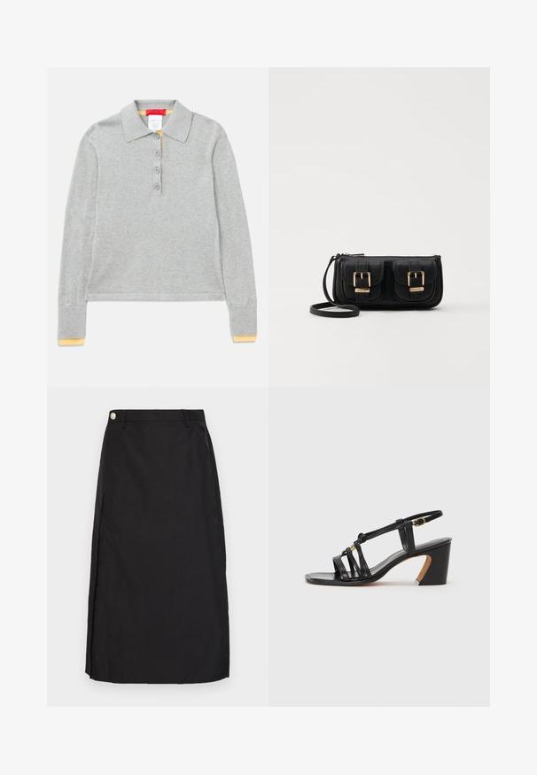 Polo gri cu mânecă lungă și guler, având patru nasturi pe partea din față și manșete cu nervuri cu un accent galben la capete.; Fustă neagră până la genunchi, confecționată dintr-un material fin, având o fanta frontală și un accent dintr-un buton metalic la talie.; Paul Smith AMIRA - Pantofi clasici cu toc - black; Geantă neagră din piele, tip crossbody, cu două buzunare frontale, catarame aurii, închidere cu fermoar și o curea subțire. Suprafață texturată și formă rectangulară compactă.