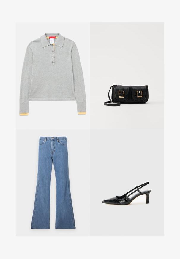 Graues Langarm-Polohemd mit Kragen, ausgestattet mit vier vorderen Knöpfen und gerippten Manschetten mit gelben Akzenten an den Enden.; Hellblaue, ausgestellt geschnittene Jeans mit hoher Taille, die ein klassisches Fünf-Taschen-Design und Kontrastnähte entlang der Nähte aufweisen.; Schwarze Lack-Slingback-Pumps mit spitzem Zehenbereich, versehen mit strukturiertem Schlangenprint, verstellbarem Riemen und einem kurzen, strukturierten Blockabsatz.; Schwarze Leder-Umhängetasche mit zwei vorderen Taschen, goldenen Schnallen, Reißverschluss und einem schmalen Tragegurt. Texturierte Oberfläche und kompakte rechteckige Form.
