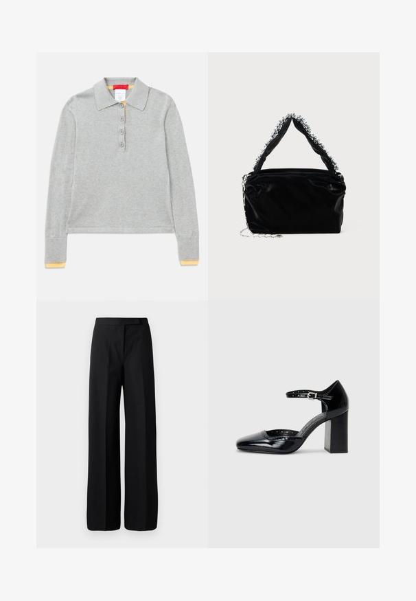 Siva dolgi polo majica s ovratnikom, ki ima štiri sprednje gumbke in rebraste manšete z rumenim detajlom na konicah.; Široke črne hlače z gladko, mat teksturo. Ravno pasu brez vidnih kovinskih delov ali vzorcev. Preprost in eleganten dizajn.; Črne lakirane usnjene čevlje s peto, kvadratnim izrezom, trakovi okrog gležnja in masivno peto. Vsebujejo perforirane detajle ob robu.; Črna torba iz umetnega usnja z teksturirano površino, ki ima bisernat srebrni okras vzdolž zgornjega ročaja in verižni pas.