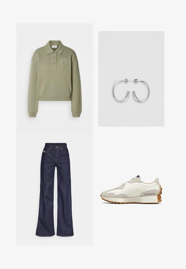 Olivovo zelený skrátený polo sveter s dlhými rukávmi, dvoma gombíkmi a okrúhlym vyšitým logom na hrudi. Mäkká textúra látky.; Tmavomodré široké džínsy z denimu s vysokým pásom, zdobené oranžovým šitím, päť vreckovým dizajnom a zapínaním na gombík.; Bielo-béžová teniska s hladkým koženým zvrškom a semišovými detailmi. Má okrúhle šnúrky, mäkkú podrážku a textúrovaný gumový vonkajší podrážku.; Strieborné kruhové náušnice s hladkým, lesklým povrchom, majú zakrivený tvar a zapínanie na puzetu. Minimalistický dizajn s moderným vzhľadom.