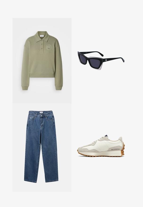 Olíva zöld, rövid fazonú polo pulóver, hosszú ujjakkal, két gombbal és kör alakú, hímzett logóval a mellkason. Puha szövettextúra.; Klasszikus kék farmernadrág egyenes szárú dizájnal, öt zsebbel és gombos zárással. Közepes mosású és strapabíró textúrával rendelkezik.; Fehér és bézs sportcipő sima bőr felsőrésszel és velúr díszítésekkel. Kerek cipőfűzőkkel, párnázott talppal és texturált gumitalppal rendelkezik.; Fekete, nagyméretű napszemüveg geometrikus formával, sötét lencsékkel és kontrasztos szürke részlettel a kereten. Logó a szárán.; Ezüst karika fülbevalók sima, fényes felülettel, ívelt formával és postazáras zárral. Minimalista, modern kivitel.
