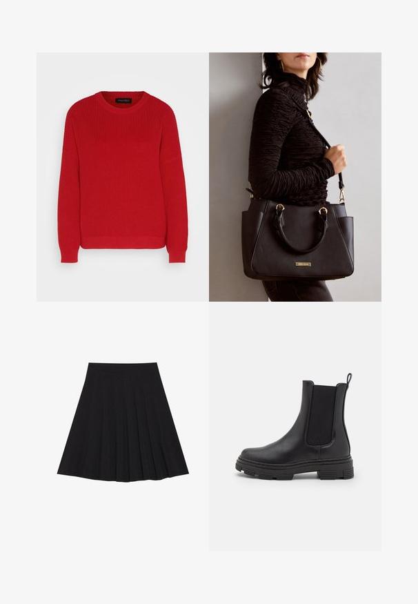 Czerwona dzianinowa bluza z okrągłym dekoltem, prążkowaną teksturą i nieco za dużymi rękawami. Posiada proste wykończenie u dołu i trwały materiał.; Czarna plisowana spódnica z teksturowanej tkaniny z dopasowanym paskiem. Sięga do kolan, wyróżniając się gładką, czystą sylwetką.; Czarny skórzany botek za kostkę z elastycznymi panelami bocznymi, okrągłym czubkiem i teksturowaną gumową podeszwą. Posiada pętelkę z tyłu ułatwiającą zakładanie.; Czarna torebka z teksturowanej powierzchni, podwójnymi uchwytami na górze i regulowanym paskiem na ramię. Posiada złote okucia i boczne kieszenie.